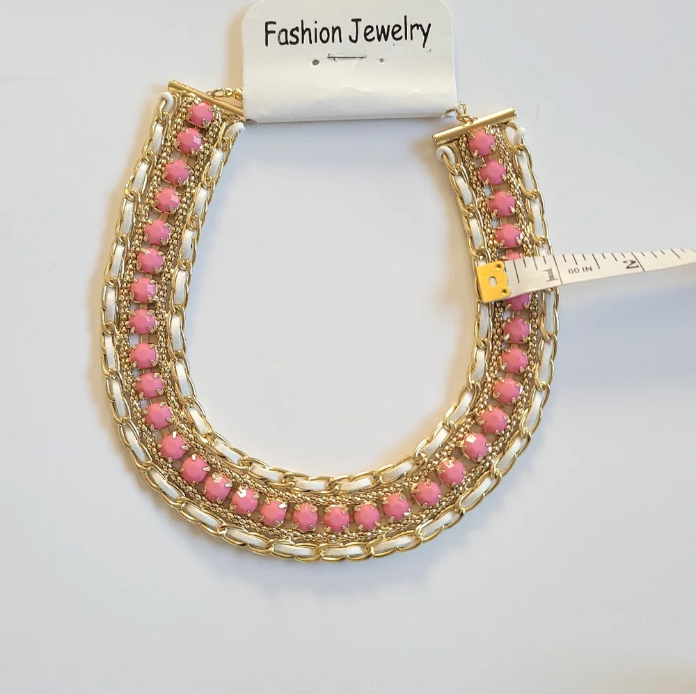 New! Statement Necklace Gold-tone Pink Double Row Fashion Necklace Boho Necklace - Picture 5 of 5